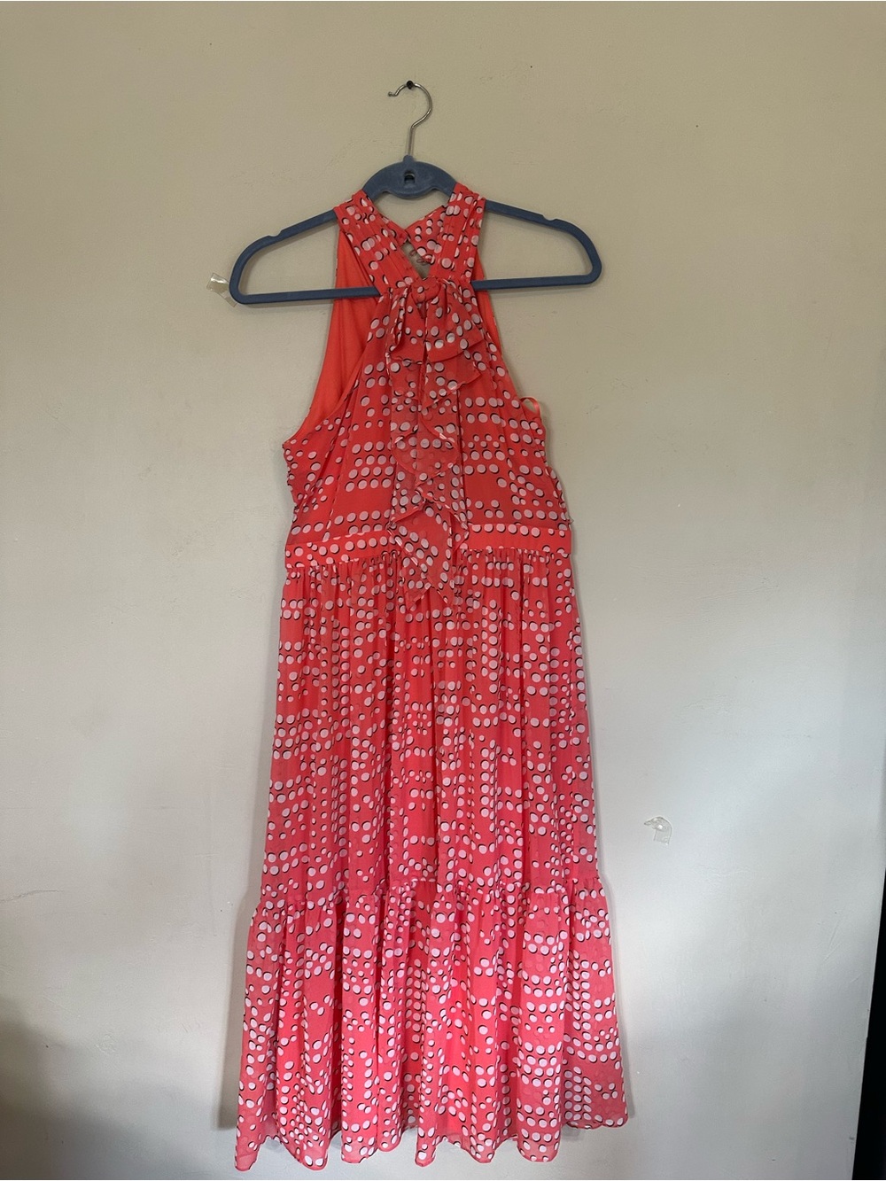 Karl Lagerfeld Coral Polka-Dot Halter Ruffle Midi Dress - Picture 2 of 4